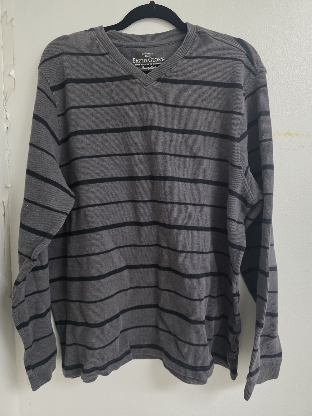 Faded Glory Gray V-Neck Sweater with Black Stripes - Classic Knit (0599)